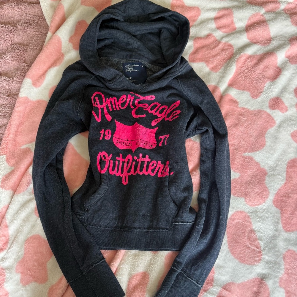 American Eagle Outfitters Dark Gray Hoodie with Hot Pink Logo